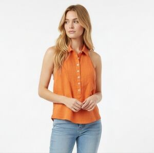 NEW Joie Sleeveless Halter Top Smocked Linen Collared Orange Womens Size Large